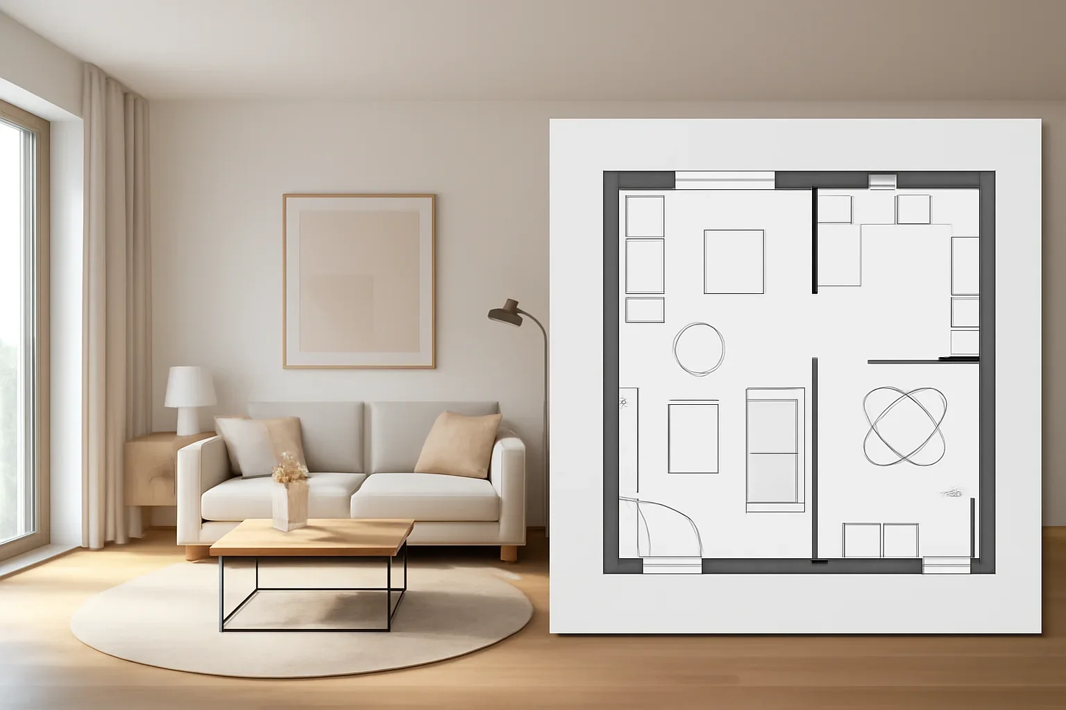 Editorial comparison scene for 3d rendering vs 2d floor plans in a modern interior design context