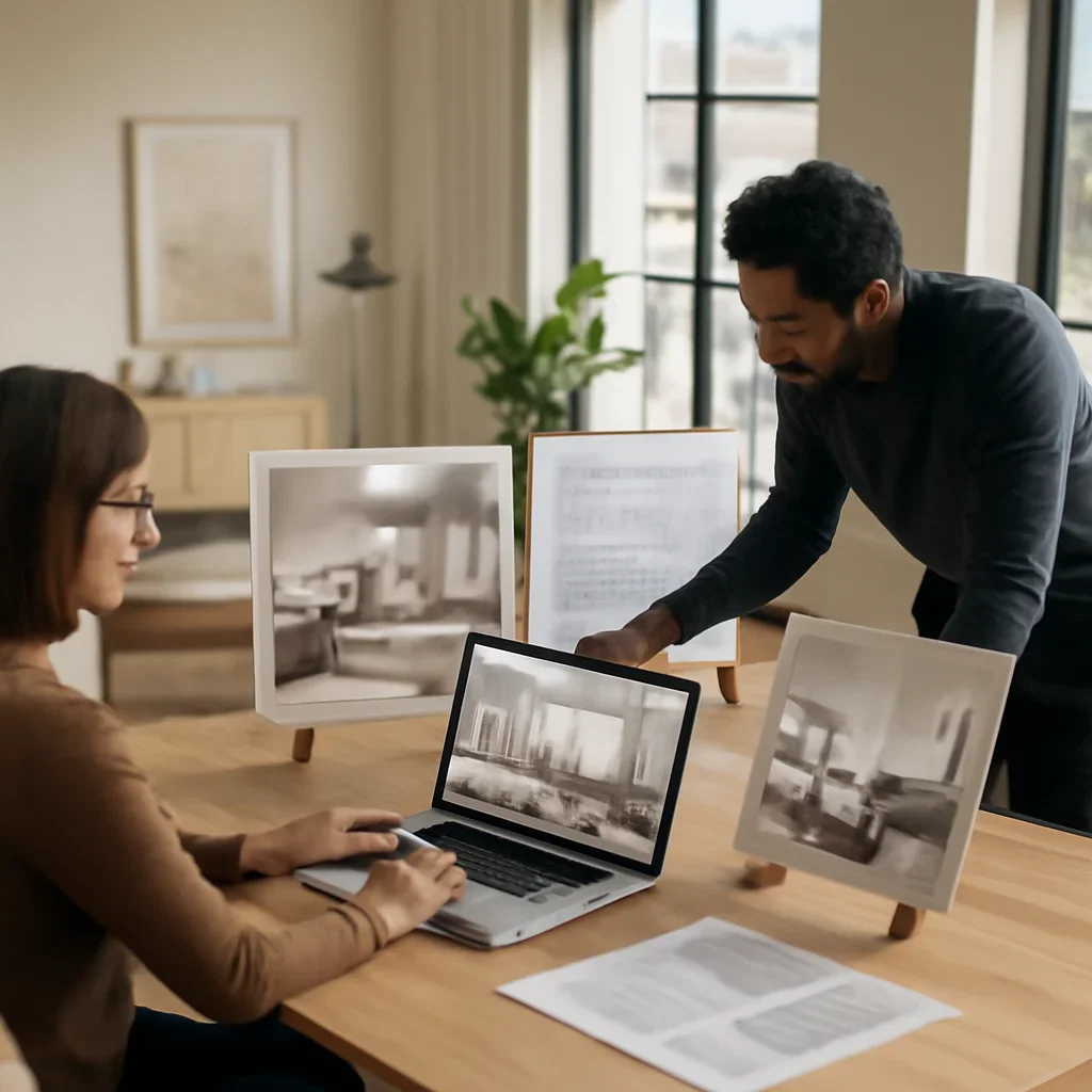 Collaborative interior design workflow for architects shown through presentation files and modern interiors