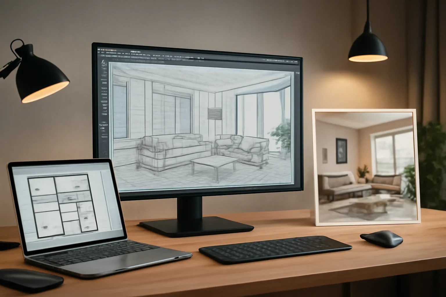 Interior design workflow scene inspired by AutoCAD with digital models and polished room visuals