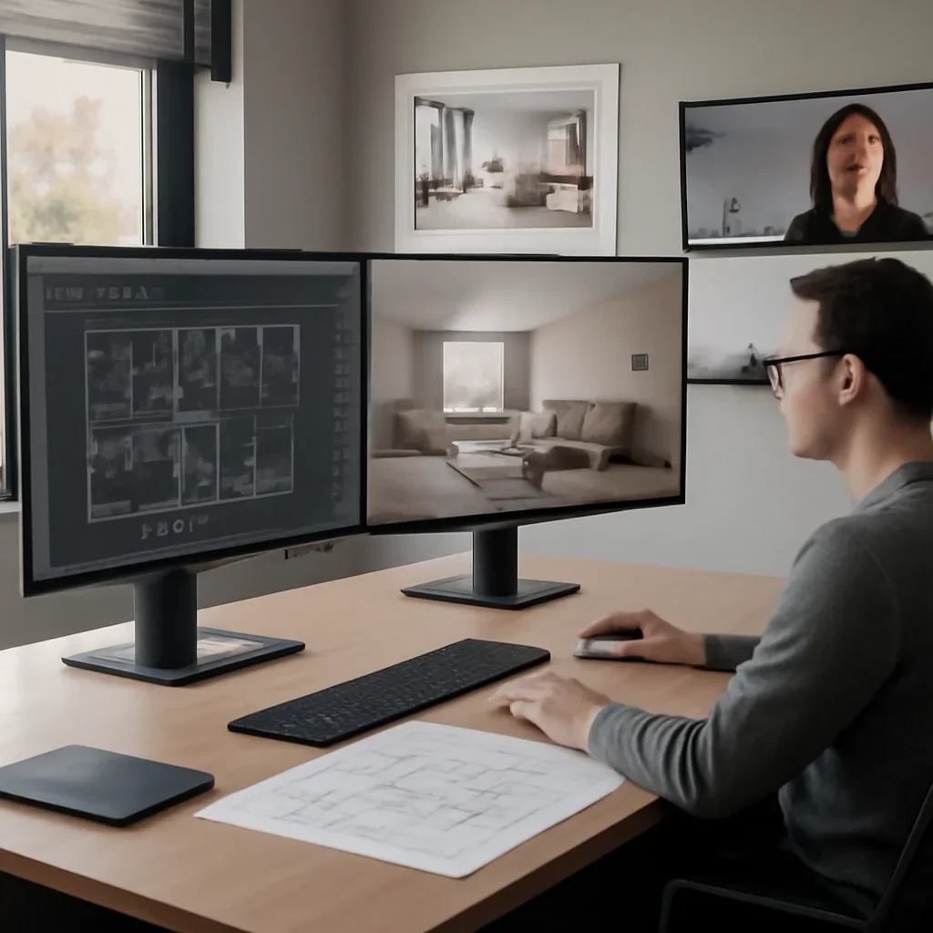 AutoCAD workflow support shown through interior renderings, plans, and collaboration screens