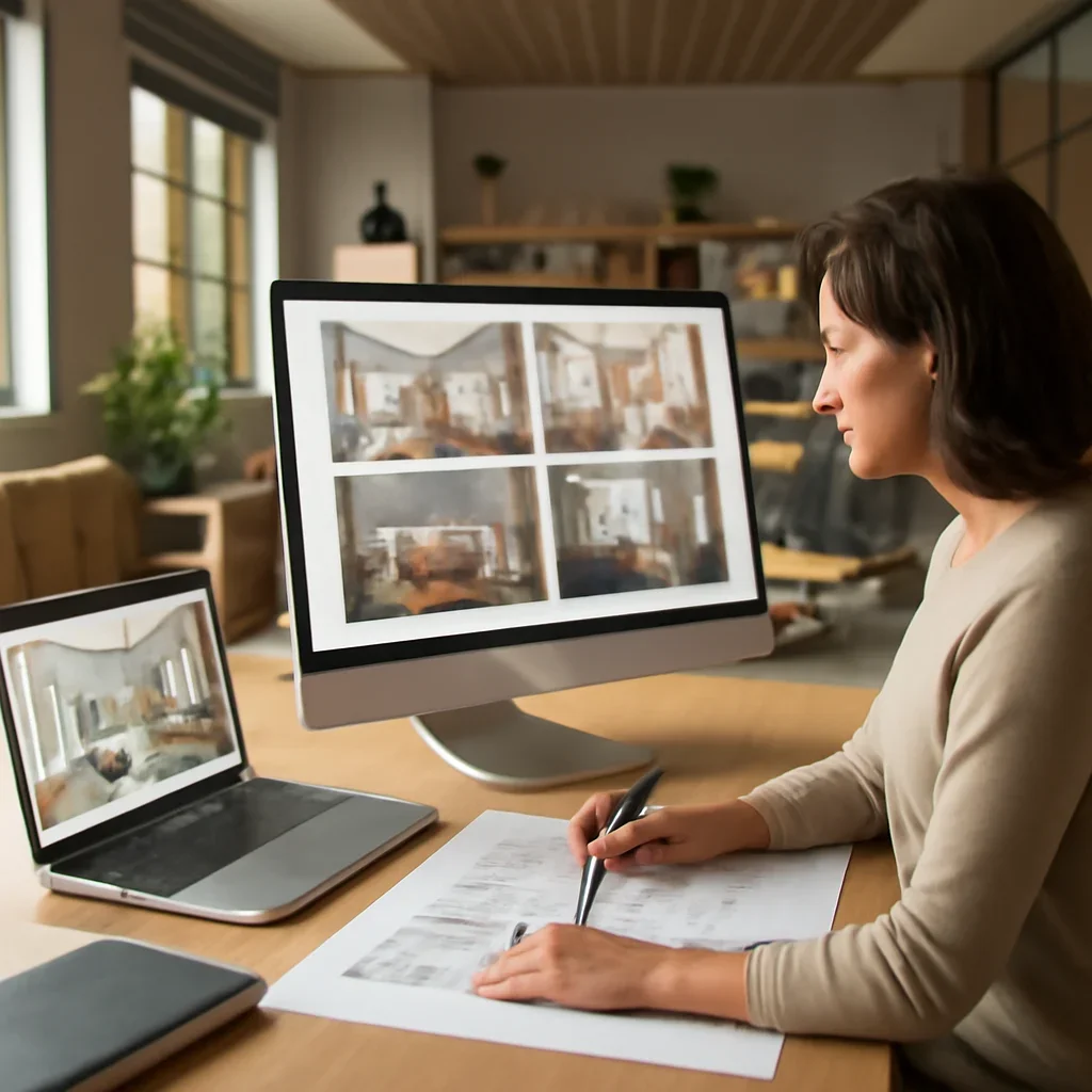 Collaborative interior design workflow for coworking operators shown through presentation files and modern interiors