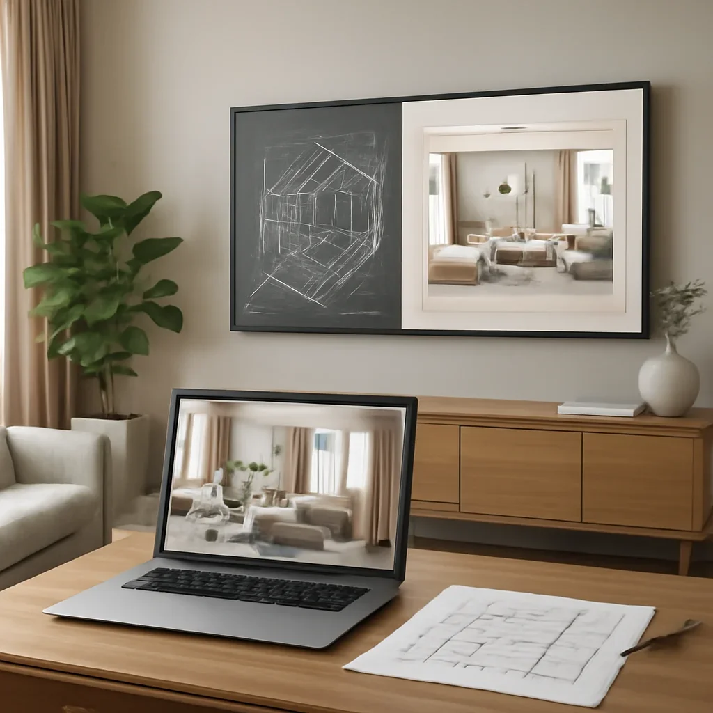 Digital Twin Interiors workflow and design deliverables in a polished interior setting
