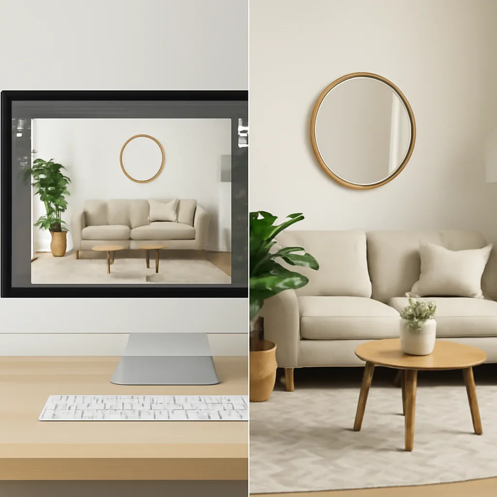 Visual comparison supporting e-design vs full-service interior design with interior and digital design elements
