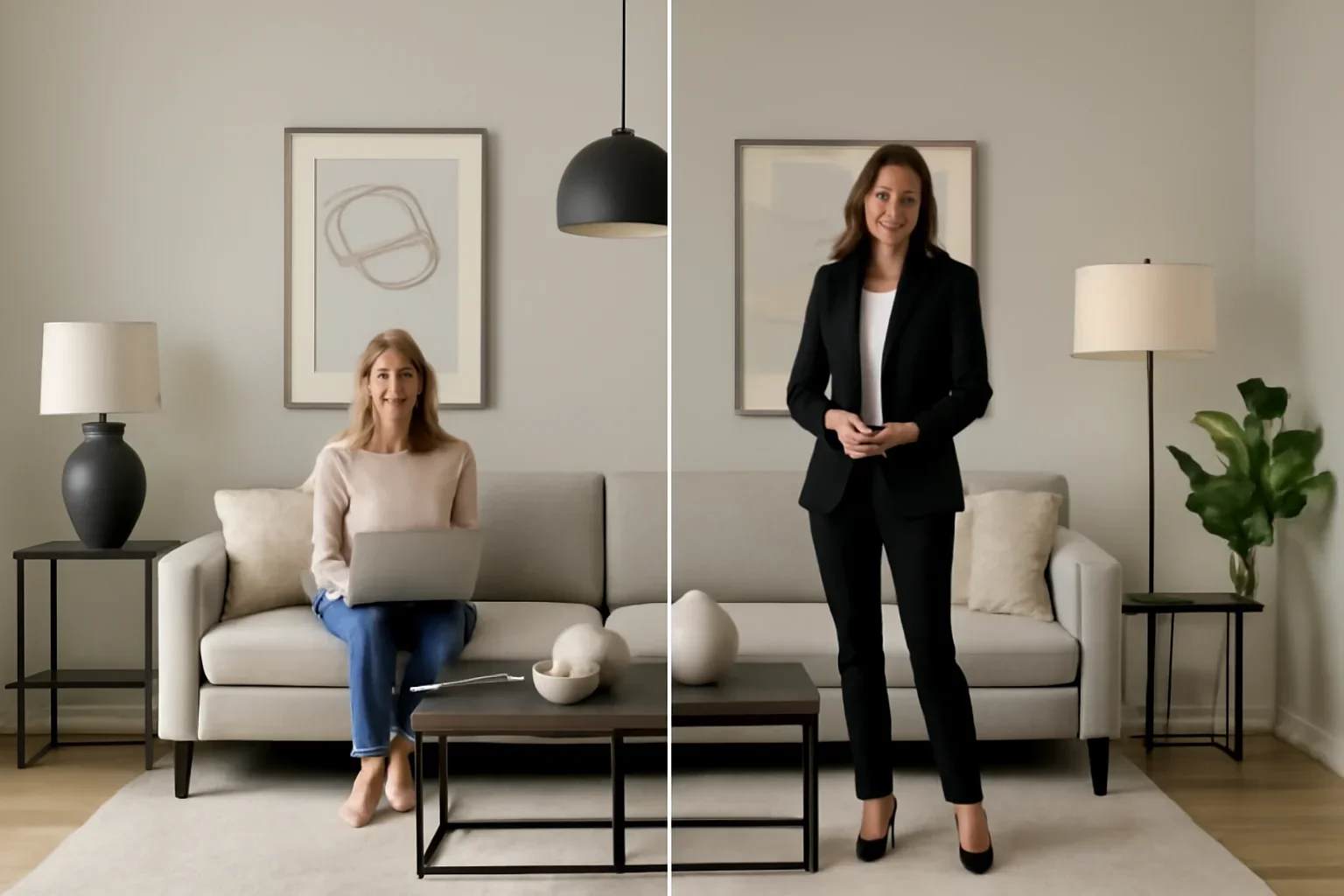 Editorial comparison scene for e-design vs full-service interior design in a modern interior design context