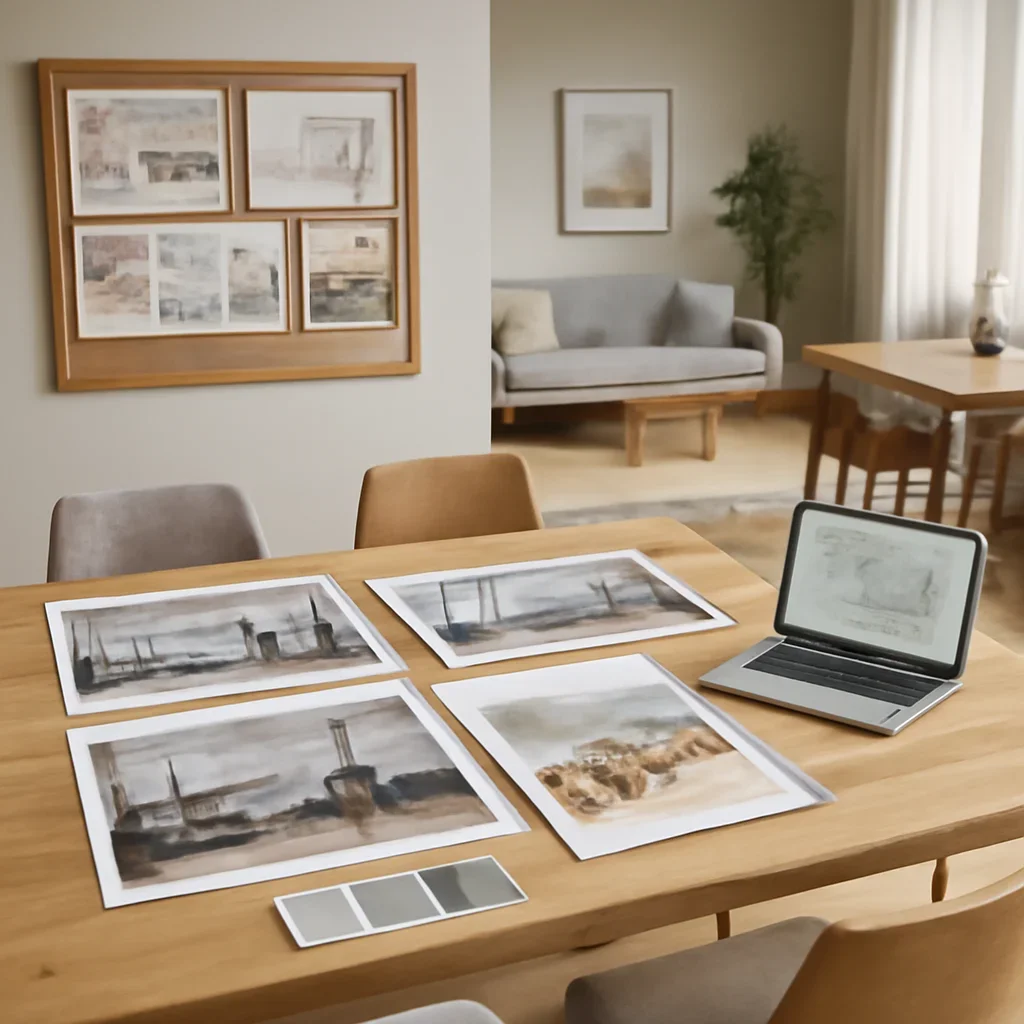 Collaborative interior design workflow for education shown through presentation files and modern interiors