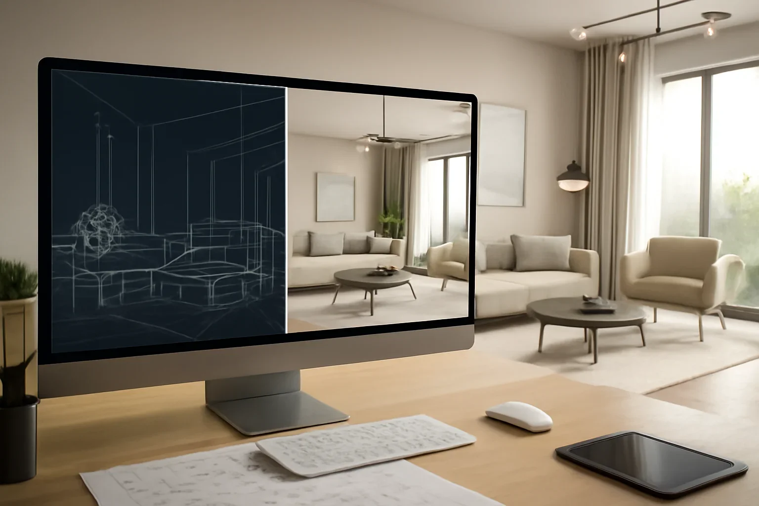 Interior design workflow scene inspired by Enscape with digital models and polished room visuals