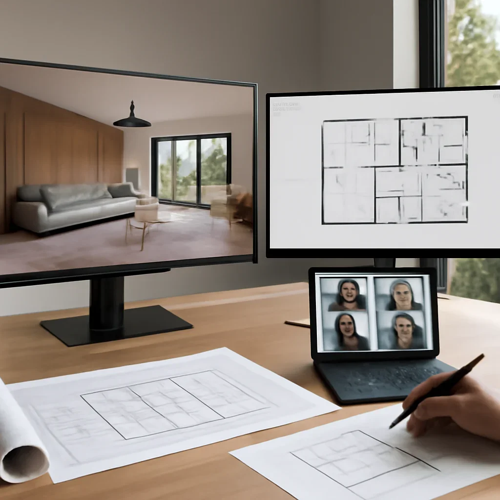 Enscape workflow support shown through interior renderings, plans, and collaboration screens