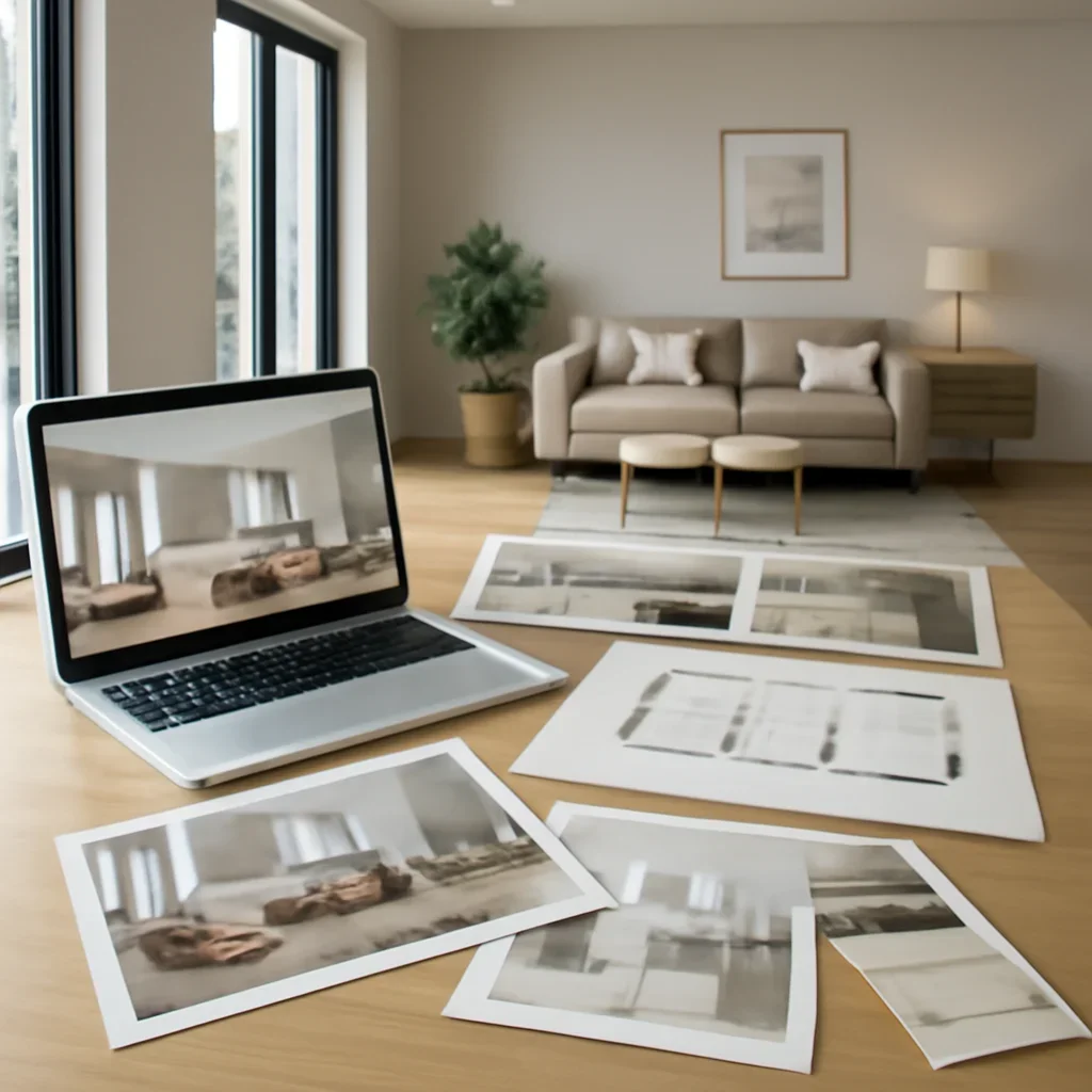 Collaborative interior design workflow for home builders shown through presentation files and modern interiors