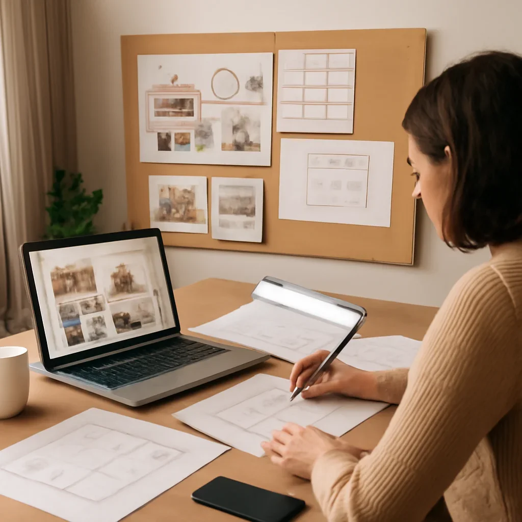 Remote interior design collaboration scene with concept boards and space-planning documents