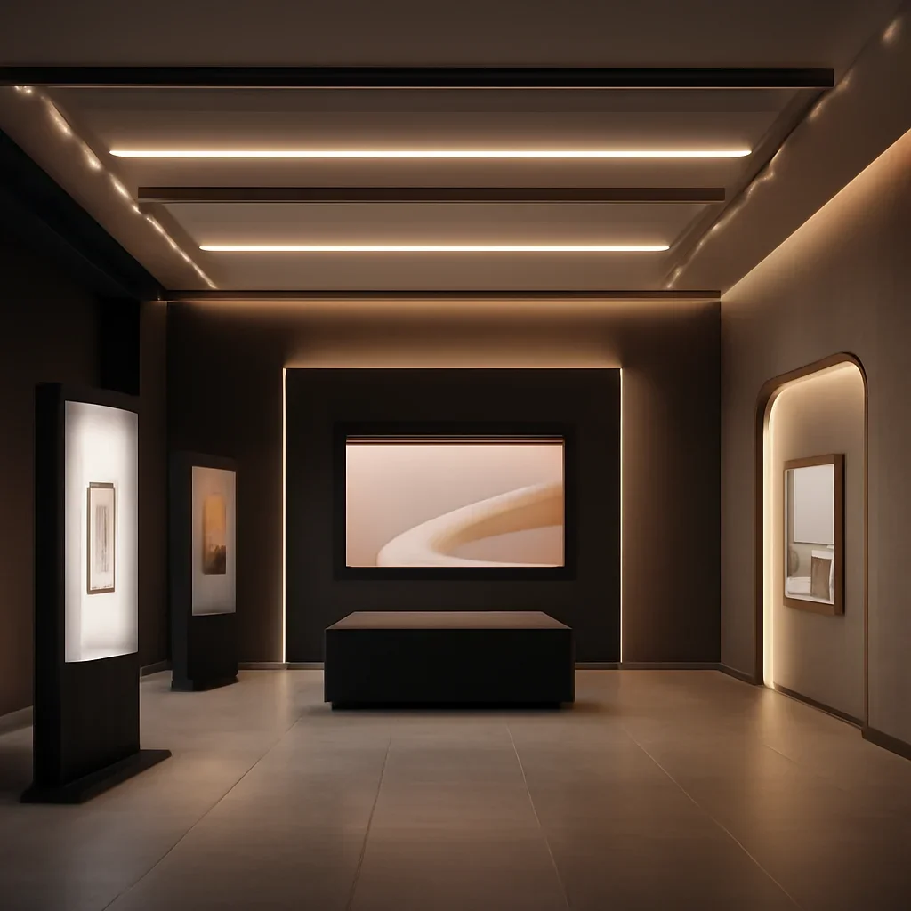 Immersive digital showroom interior with layered lighting and branded displays