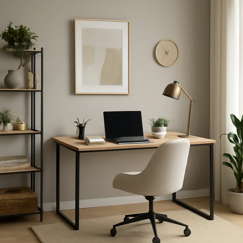 Supporting blog image illustrating how to design a home office remotely with design details and polished composition