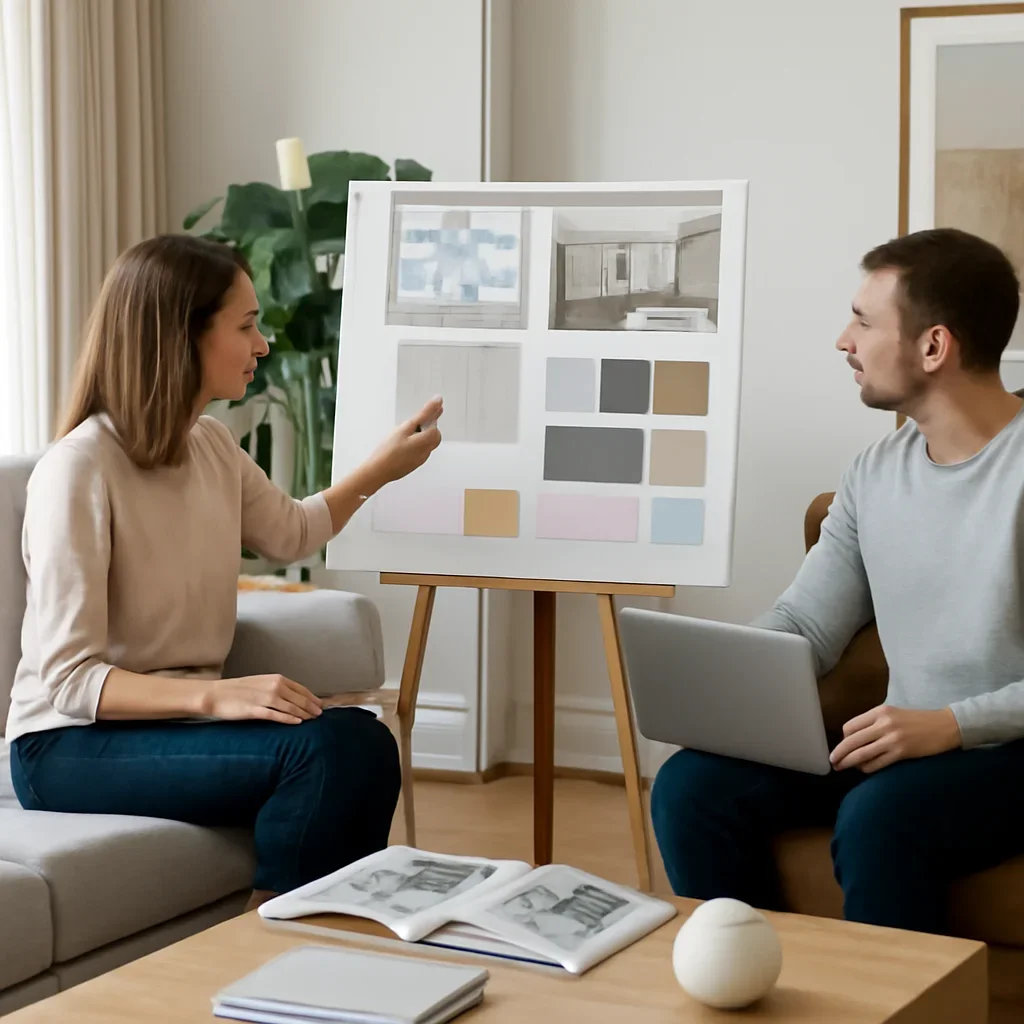 Interior Design Consultation workflow and design deliverables in a polished interior setting