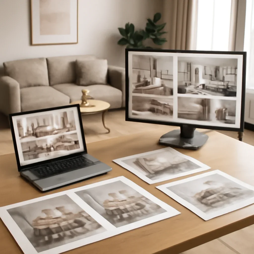 Collaborative interior design workflow for interior designers shown through presentation files and modern interiors