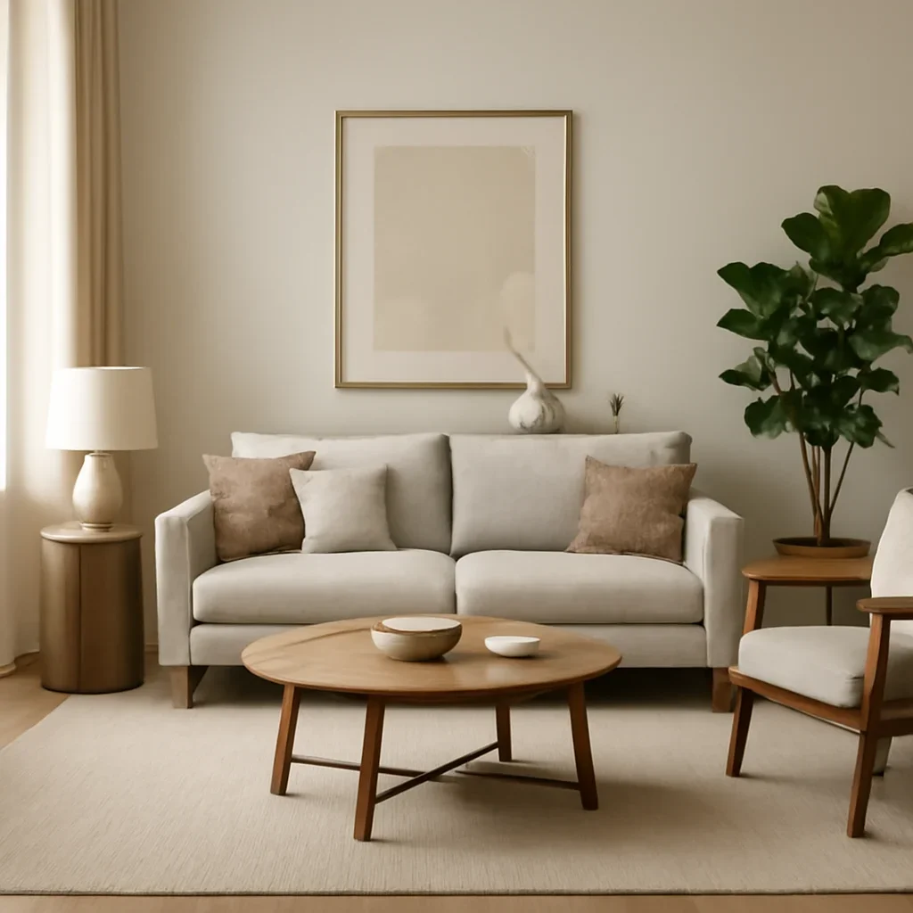 Living Room Design layout and design details shown in a realistic interior scene
