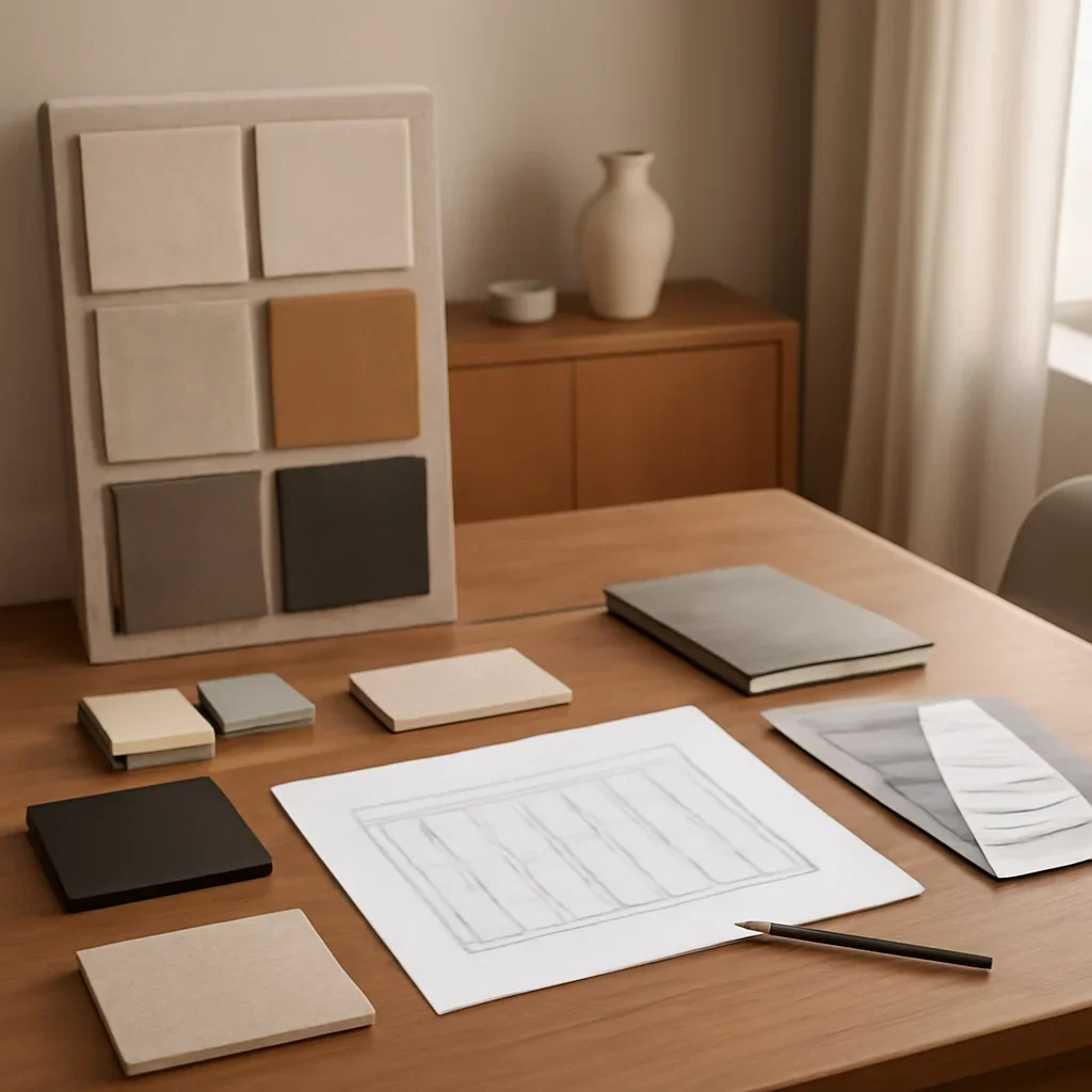 Material Board Design workflow and design deliverables in a polished interior setting