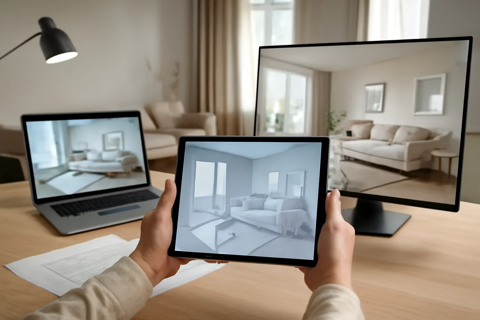 Interior design workflow scene inspired by Matterport with digital models and polished room visuals