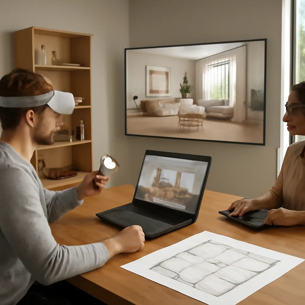 Meta Quest workflow support shown through interior renderings, plans, and collaboration screens