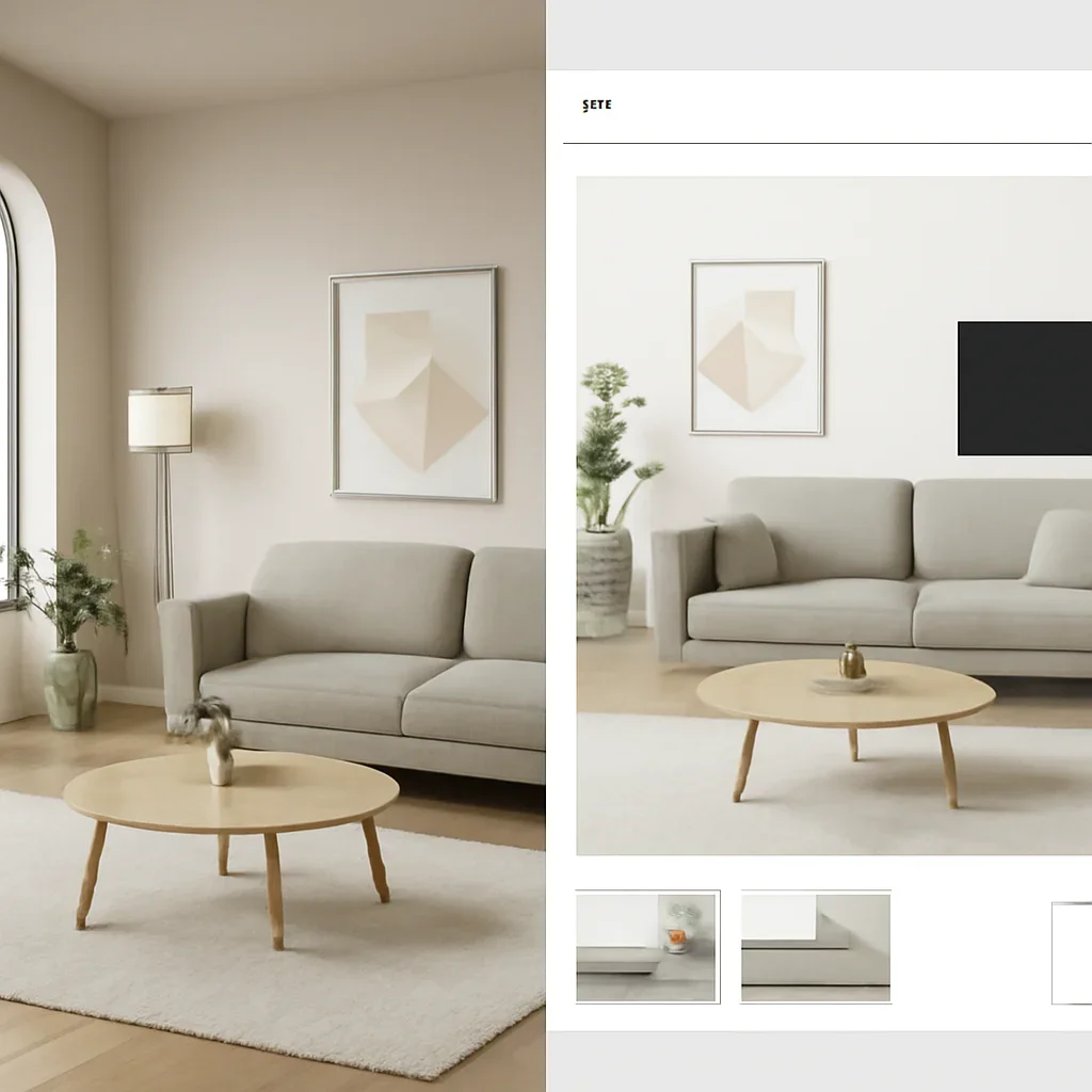 Visual comparison supporting metaverse showroom vs ecommerce product page with interior and digital design elements