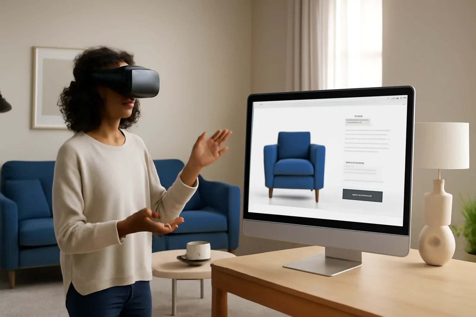 Editorial comparison scene for metaverse showroom vs ecommerce product page in a modern interior design context