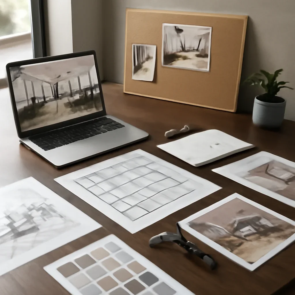 Design process image showing the workflow behind case study: office vr walkthrough