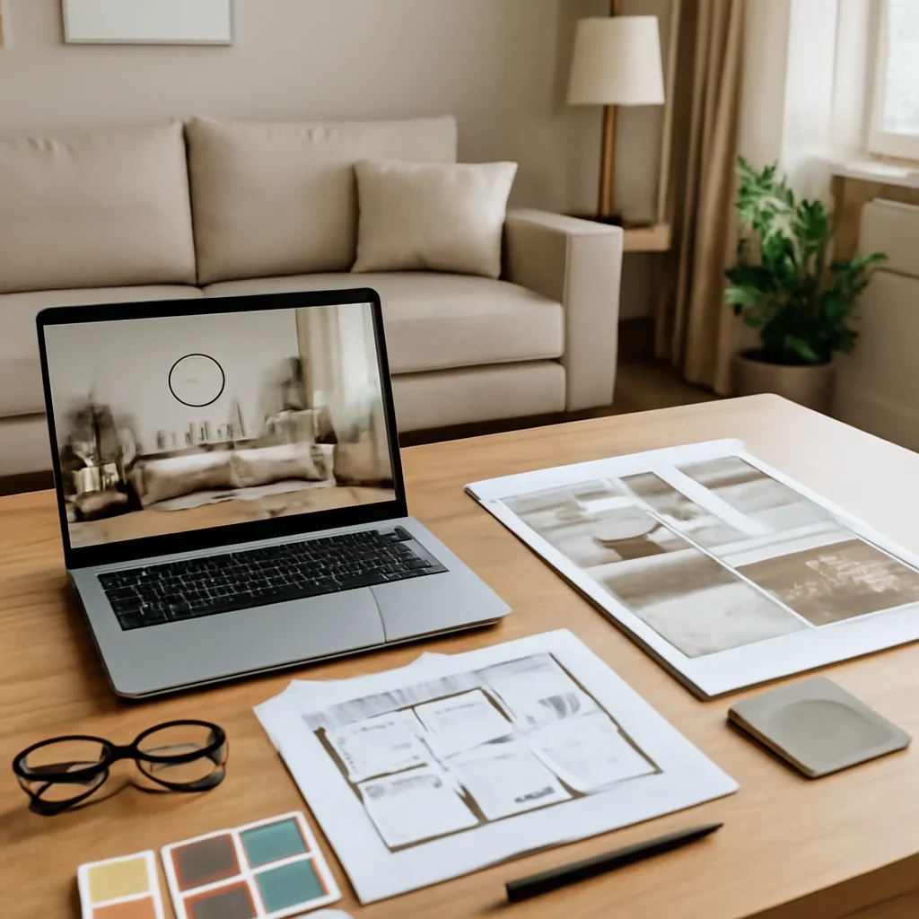 Online Interior Design workflow and design deliverables in a polished interior setting