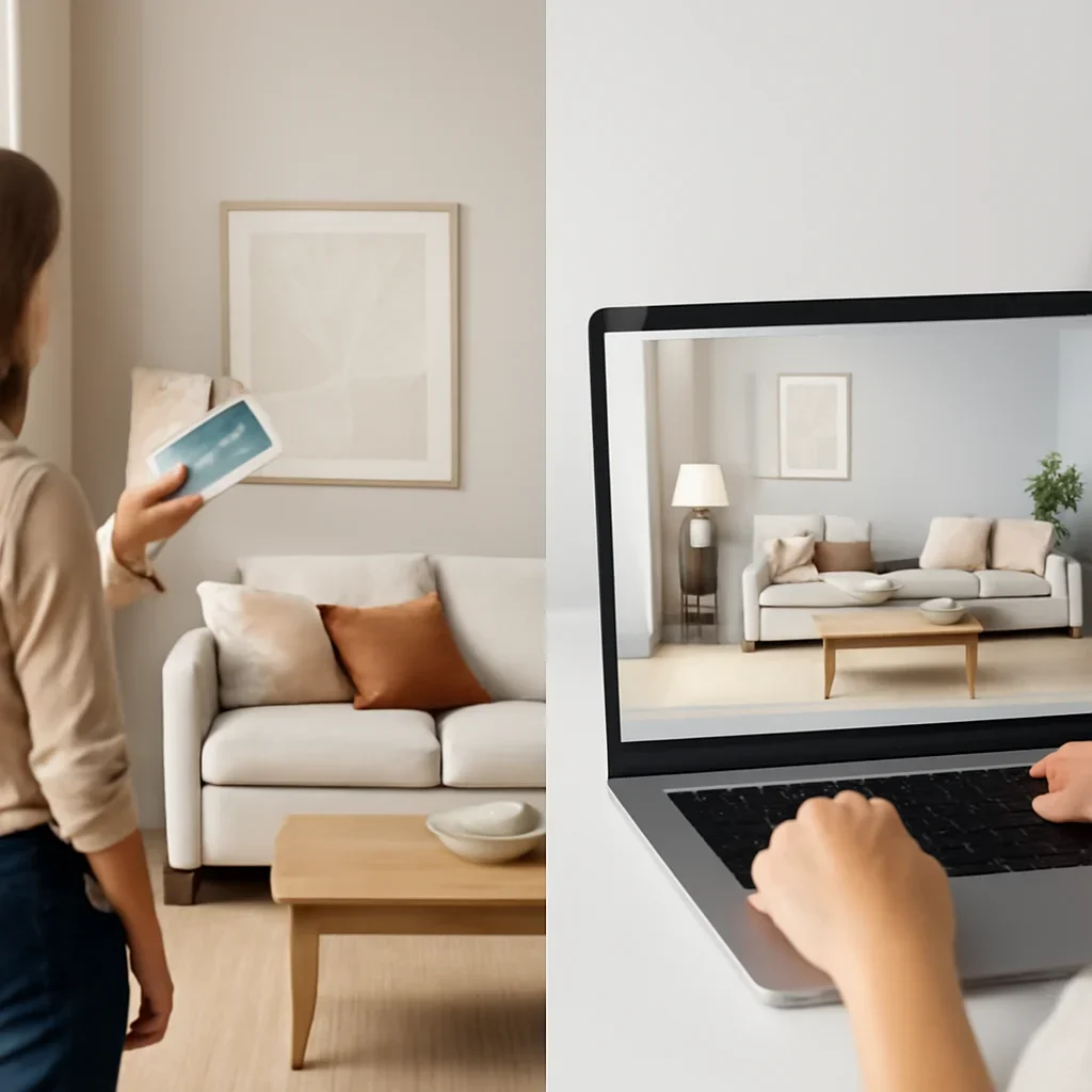 Visual comparison supporting online interior design vs traditional interior design with interior and digital design elements