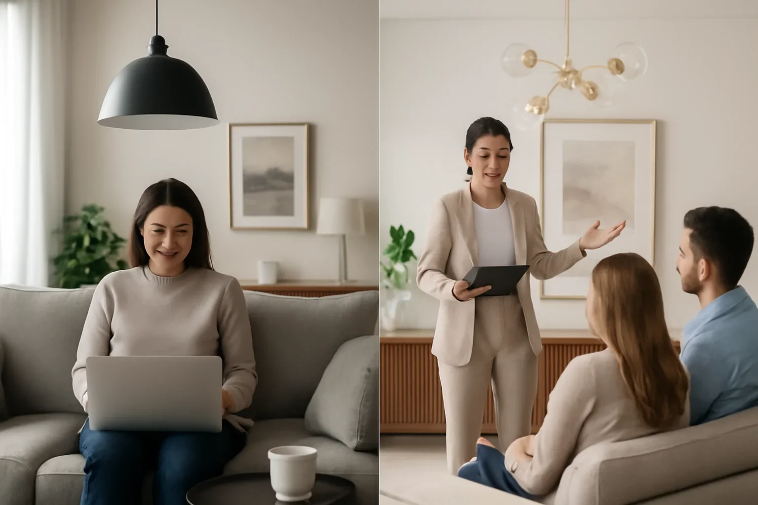 Editorial comparison scene for online interior design vs traditional interior design in a modern interior design context