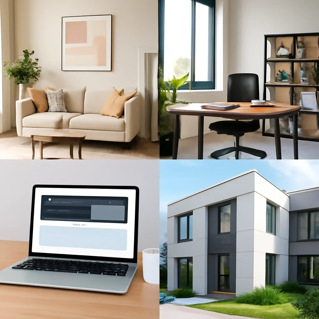 Portfolio-style arrangement of residential, commercial, and digital design scenes