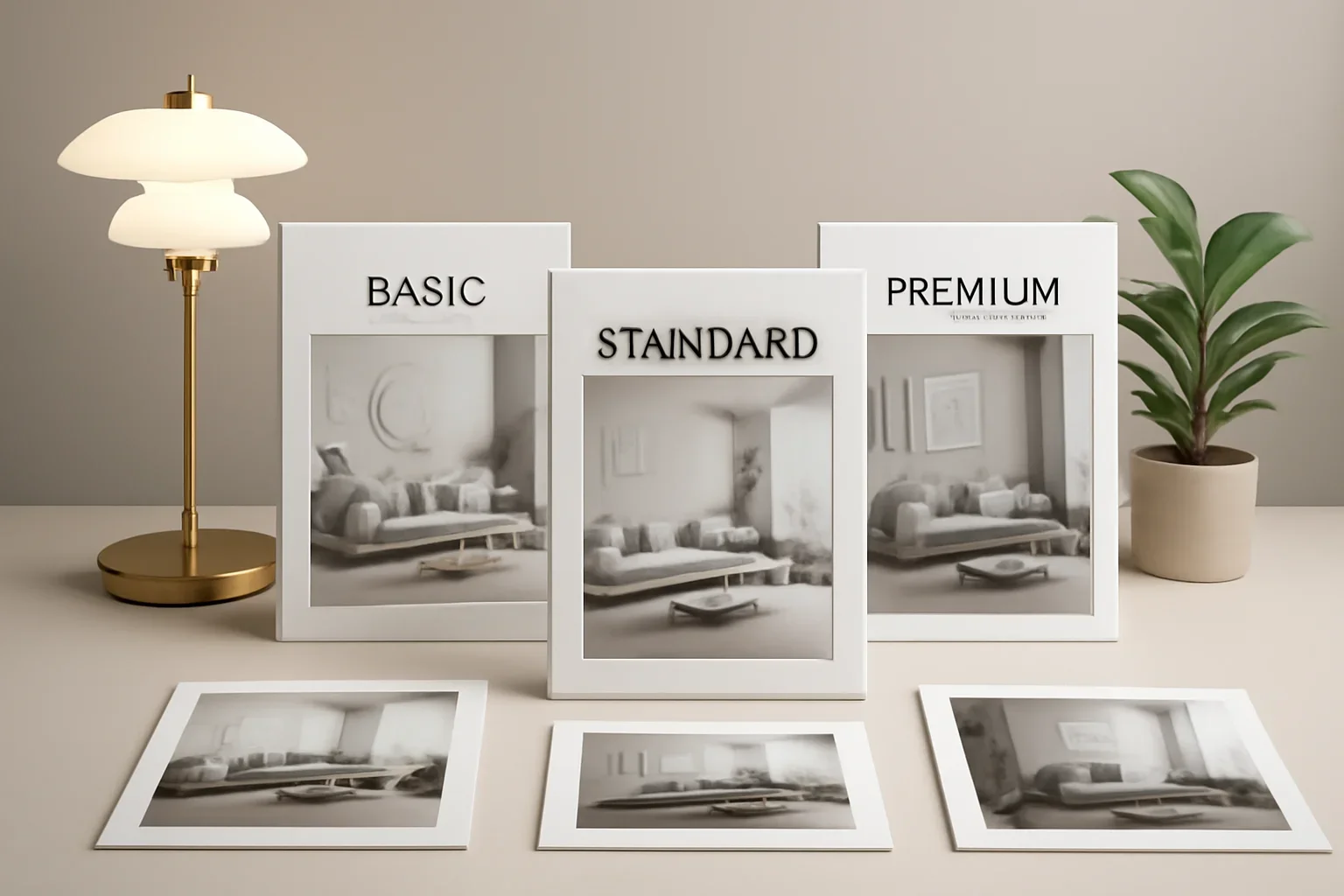 Premium interior design presentation showing package tiers and visual deliverables