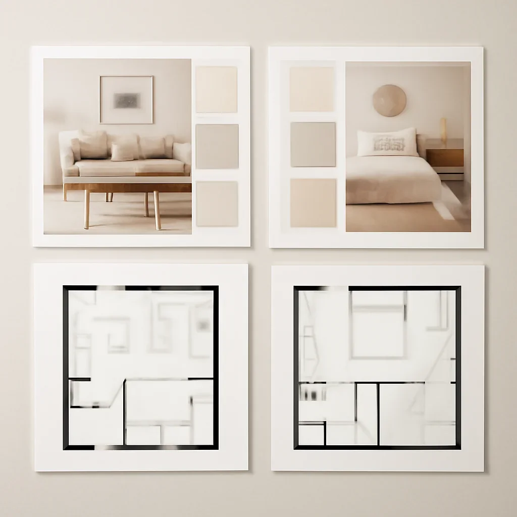 Interior design boards and room plans arranged in a clean package comparison