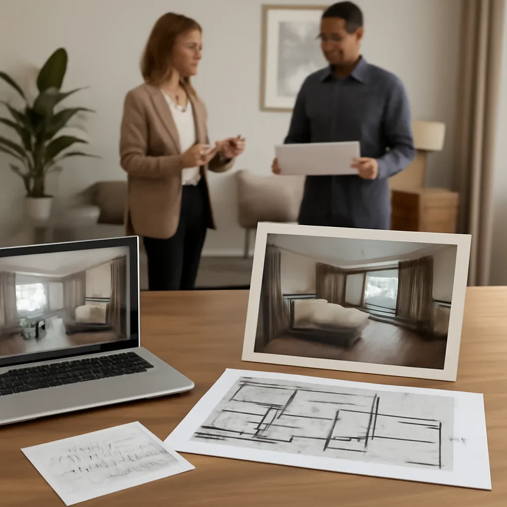 Collaborative interior design workflow for real estate developers shown through presentation files and modern interiors