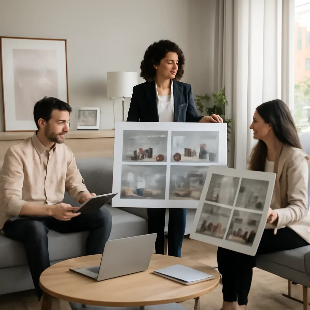Collaborative interior design workflow for real estate marketing teams shown through presentation files and modern interiors