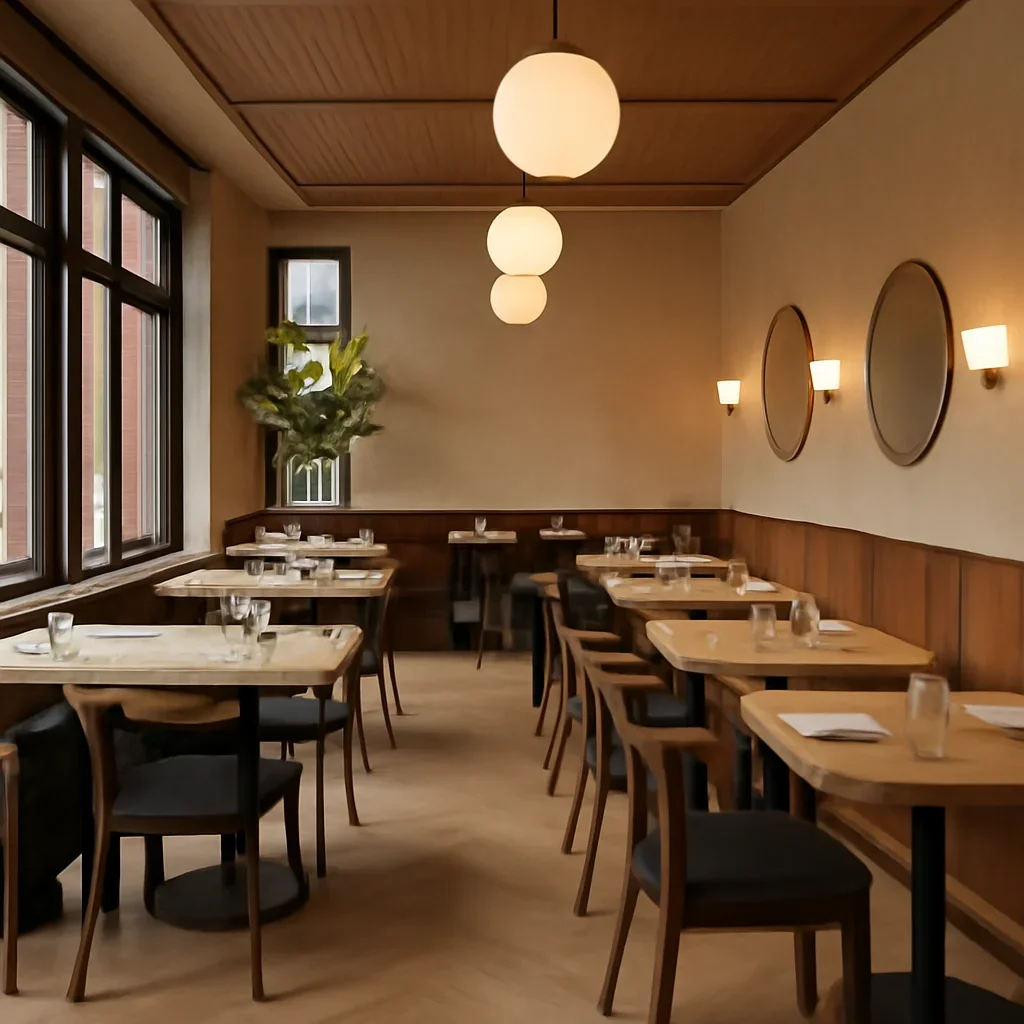 Restaurant Interior Design layout and design details shown in a realistic interior scene