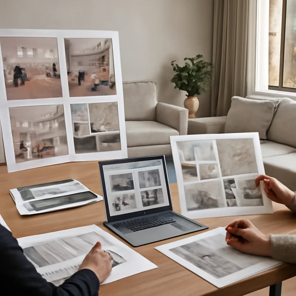Collaborative interior design workflow for retail brands shown through presentation files and modern interiors