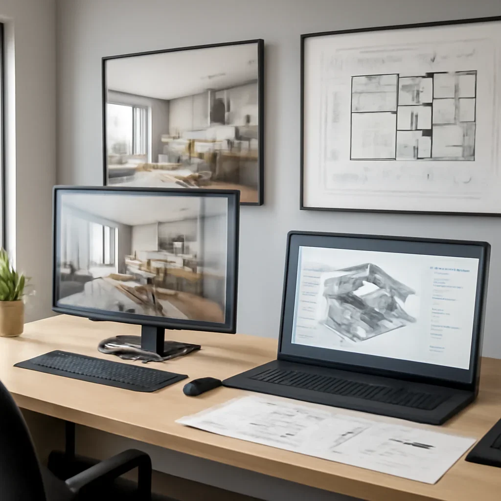 Revit workflow support shown through interior renderings, plans, and collaboration screens