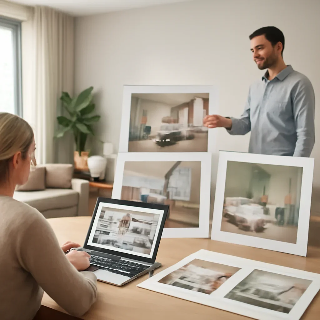 Collaborative interior design workflow for senior living shown through presentation files and modern interiors