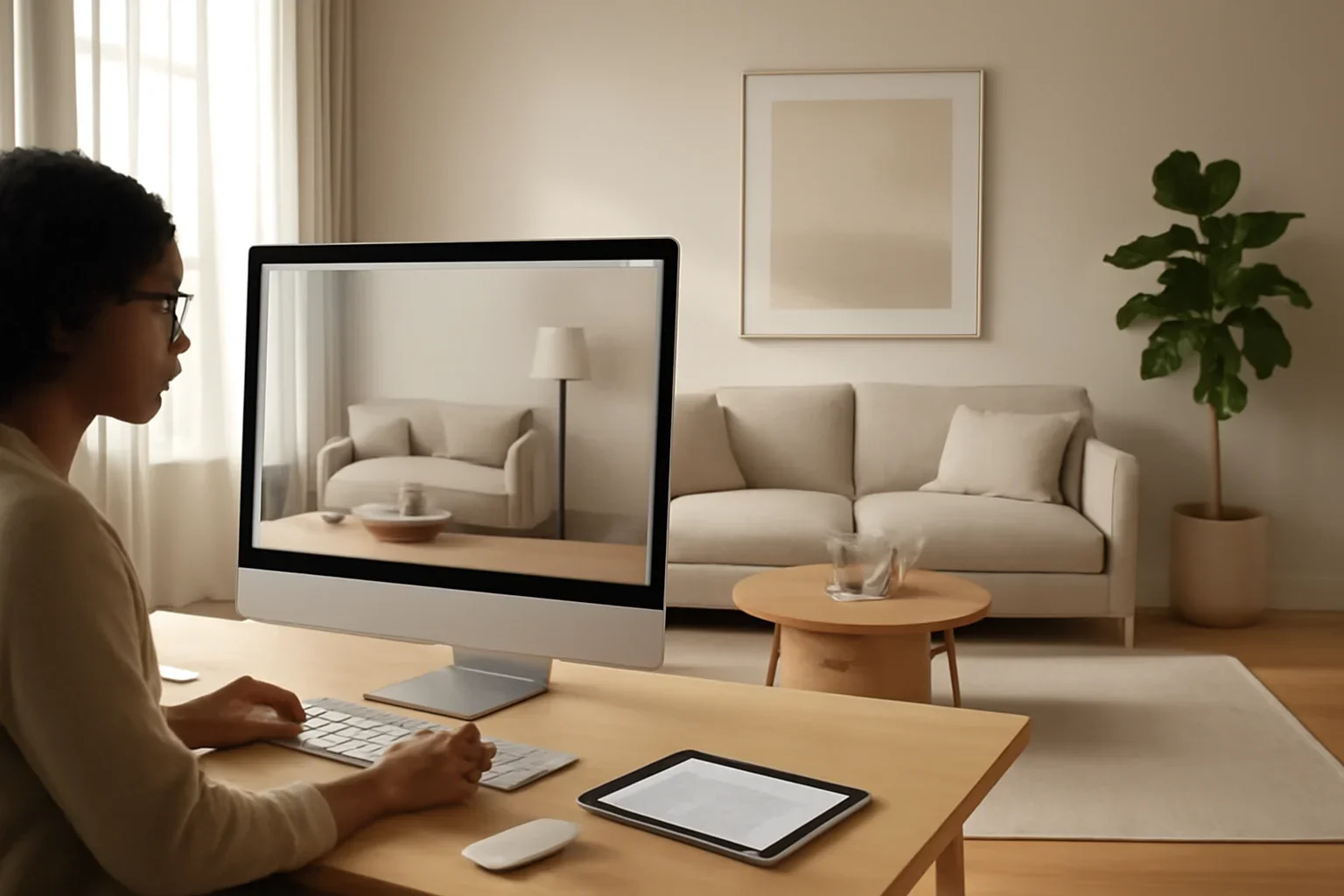Interior design workflow scene inspired by Shopify AR with digital models and polished room visuals