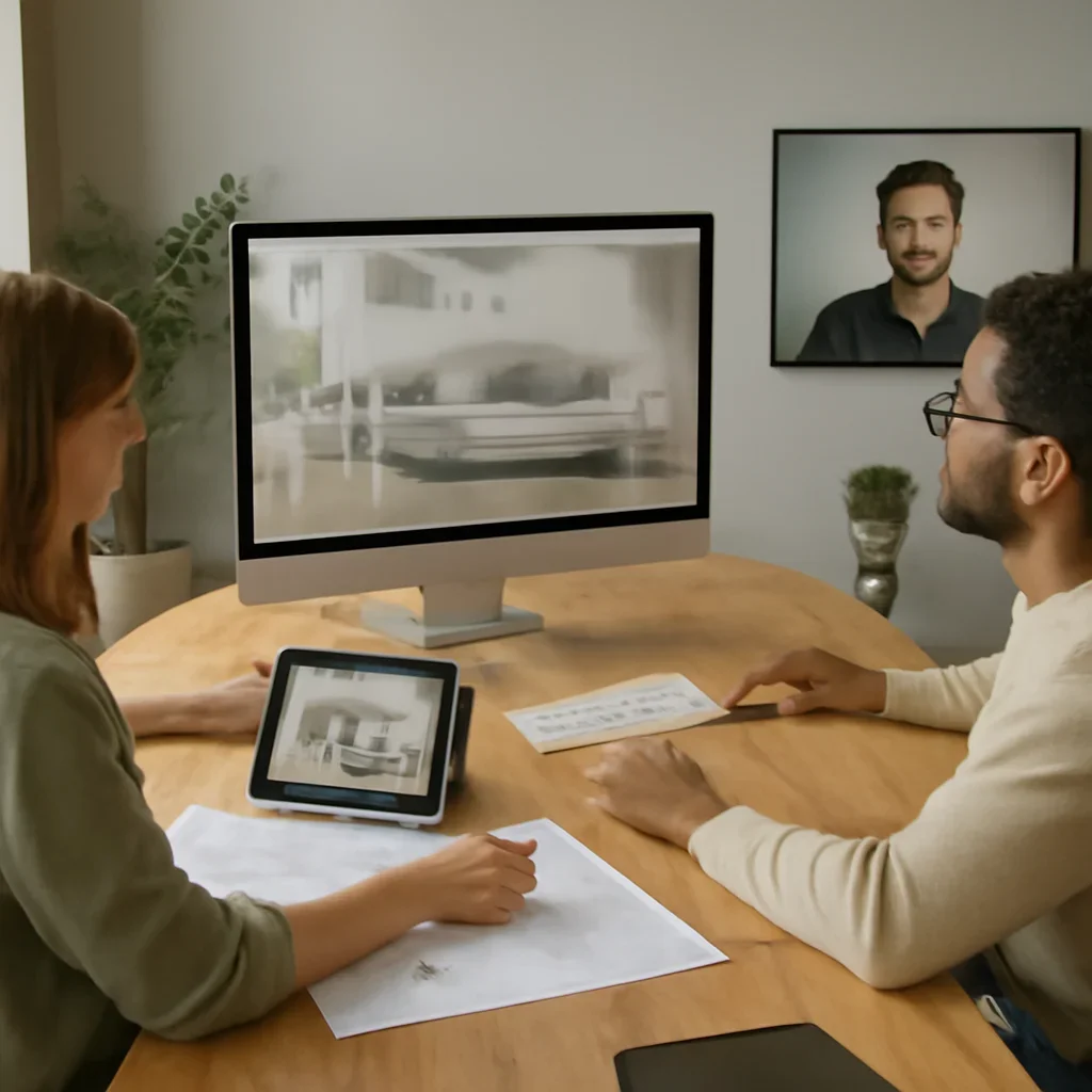 Shopify AR workflow support shown through interior renderings, plans, and collaboration screens