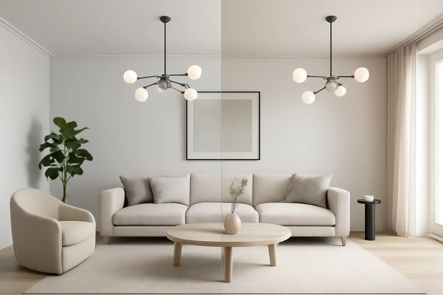 Editorial comparison scene for alternatives to static renderings in a modern interior design context