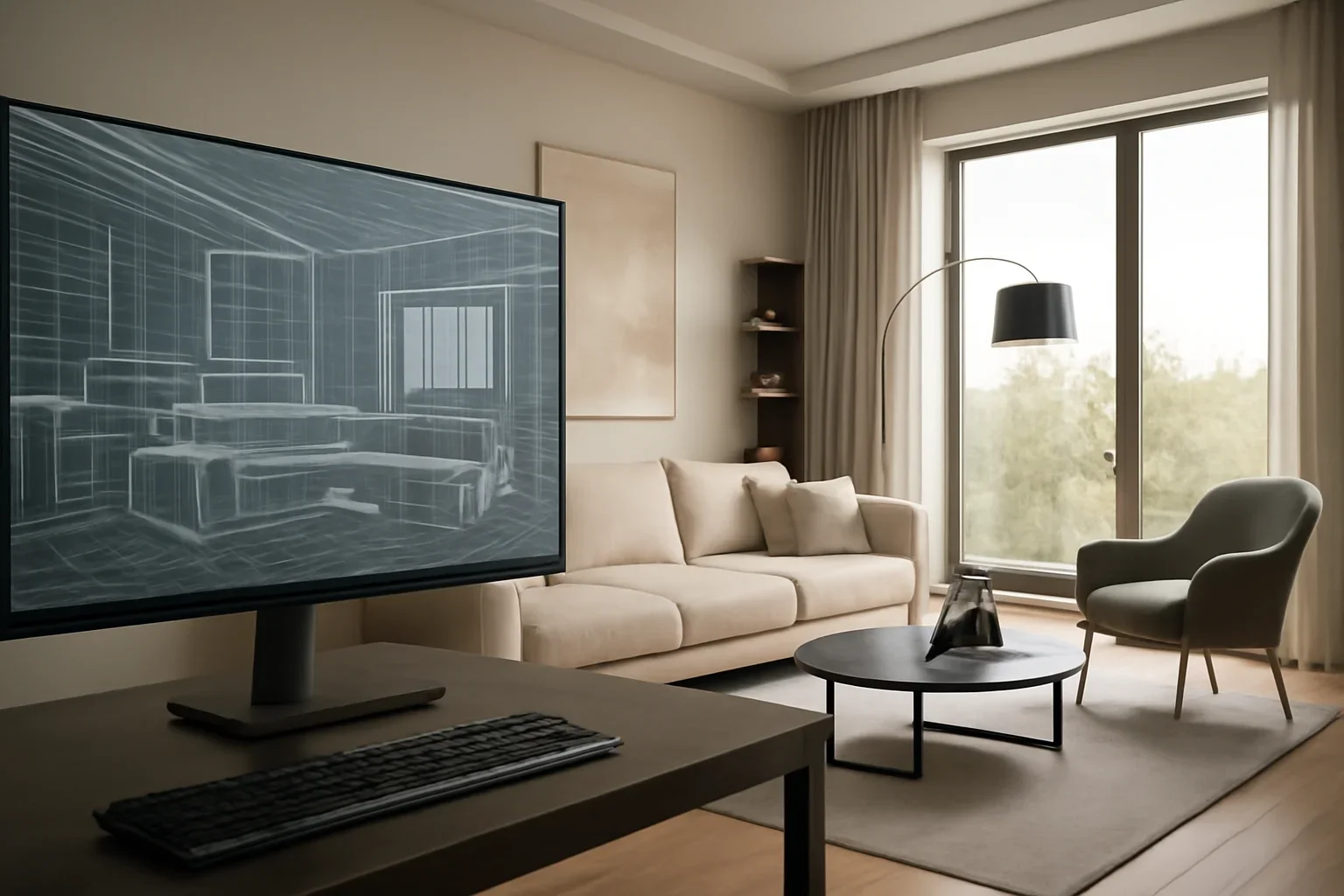 Interior design workflow scene inspired by Unreal Engine with digital models and polished room visuals