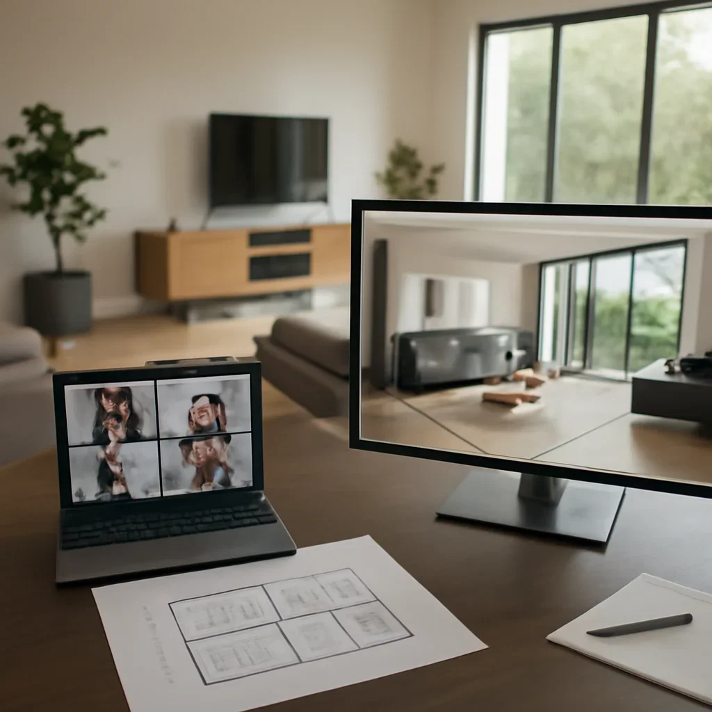 Unreal Engine workflow support shown through interior renderings, plans, and collaboration screens