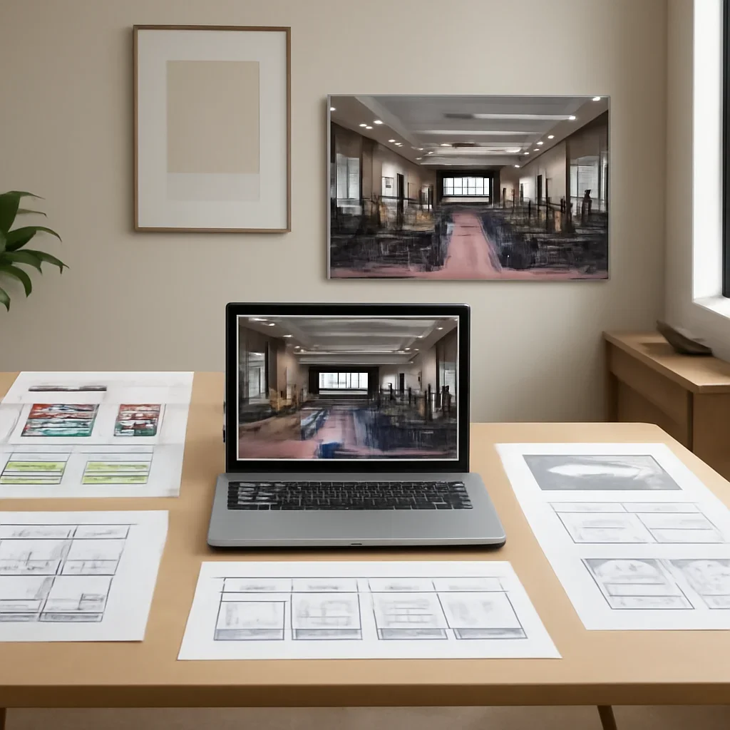 Virtual Event Space Design workflow and design deliverables in a polished interior setting