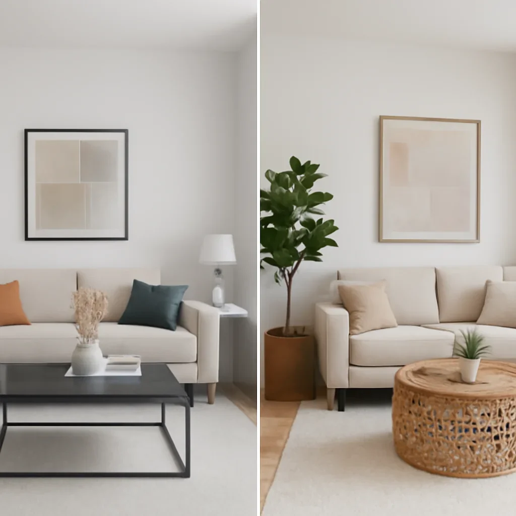 Visual comparison supporting virtual staging vs physical staging with interior and digital design elements