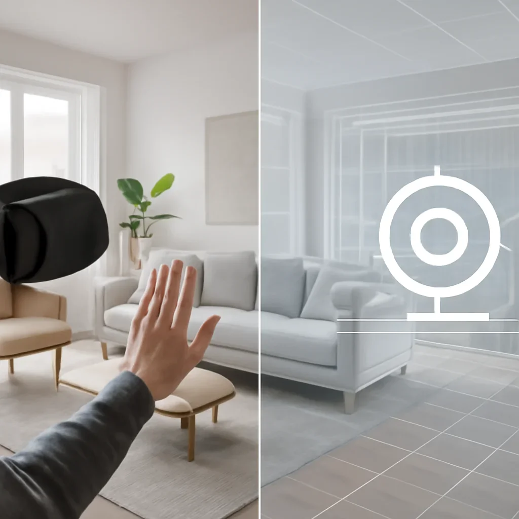 Visual comparison supporting vr walkthrough vs matterport tour with interior and digital design elements