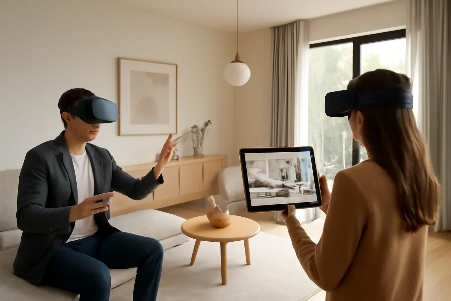 Editorial comparison scene for vr walkthrough vs matterport tour in a modern interior design context
